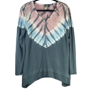 Green Tea Pink Teal Tie Dye Long Sleeve V Neck Top Size M